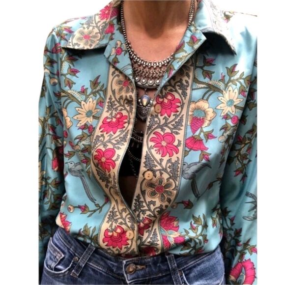 Plenty By Tracy Reese Size 6 100% Silk Blue Pink Floral Glamorous Blouse Career - Picture 1 of 15